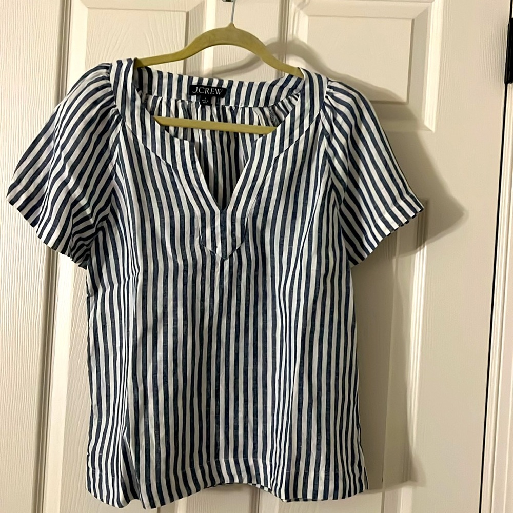 J Crew Flutter Sleeve V Neck Linen Top Navy Blue White Stripes- Size Small - Picture 5 of 12